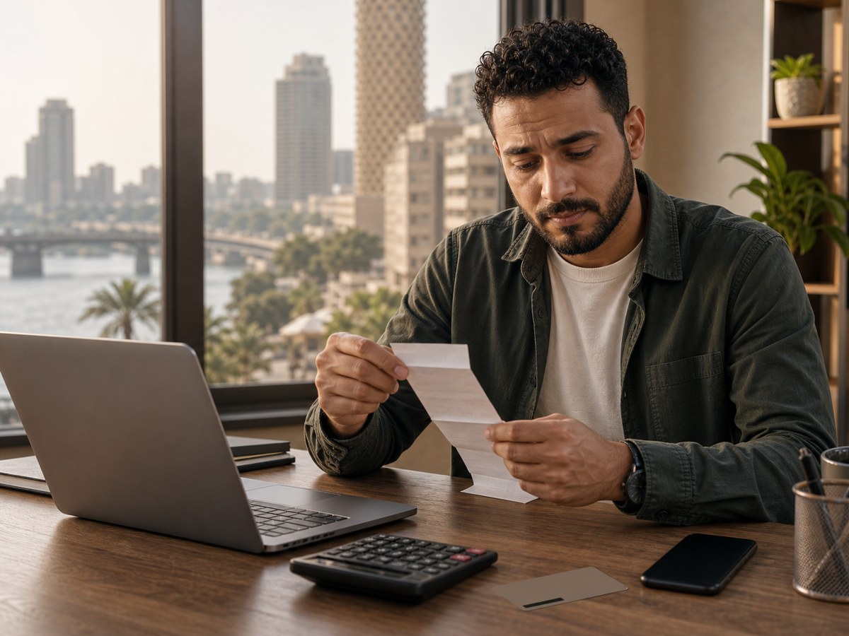 مكتب مصري عليه آلة حاسبة وإيصالات لمراجعة رسوم RedotPay قبل تجربة الكود