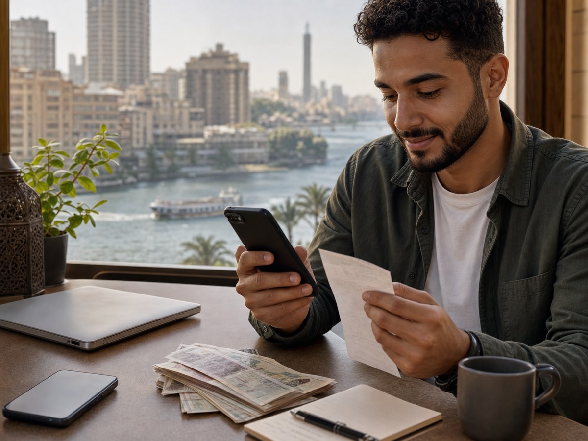 مستخدم مصري يراجع إيصال تحويل محلي قبل الدفع عبر مسار موثق